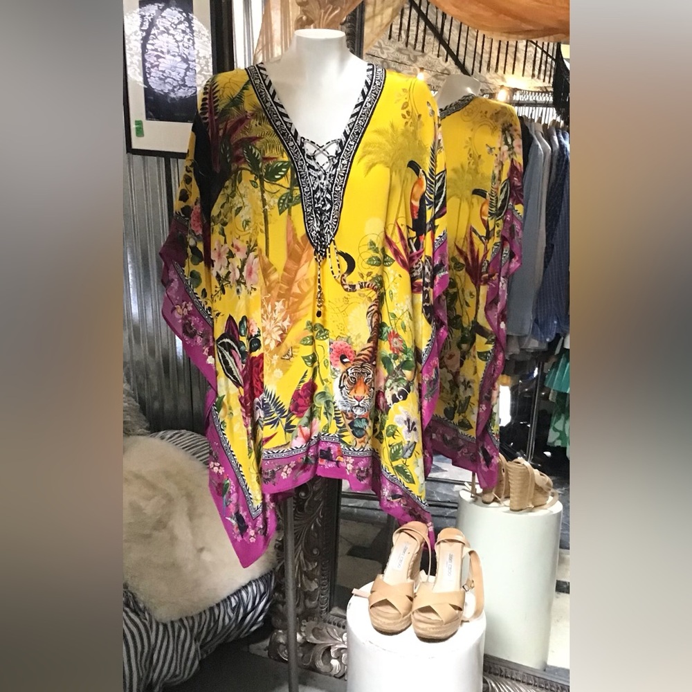 Camilla Yellow and Purple Floral Tunic exclusive 100% silk. Gorgeous.